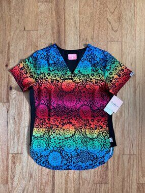 NWT Zavate Ava Therese Floral Spectrum Rainbow Scrub Top Size XS